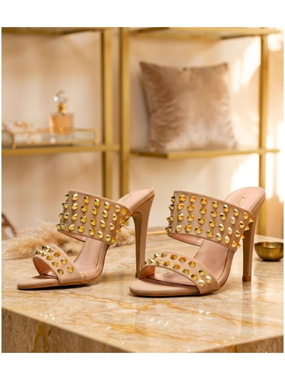Studded Nude High Heel Slide Sandals - Picture 10 of 14
